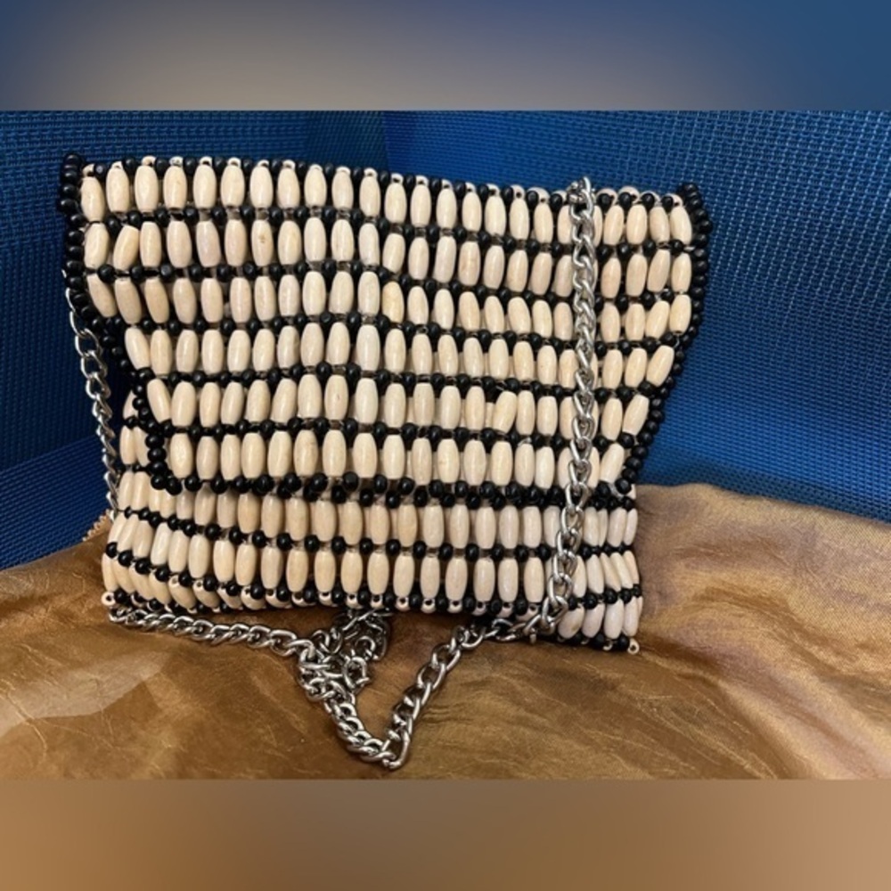 Topshop Black Ivory Beaded Crossbody Bag Chain Strap Evening Clutch
